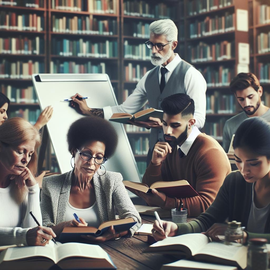 Adult literacy class in library