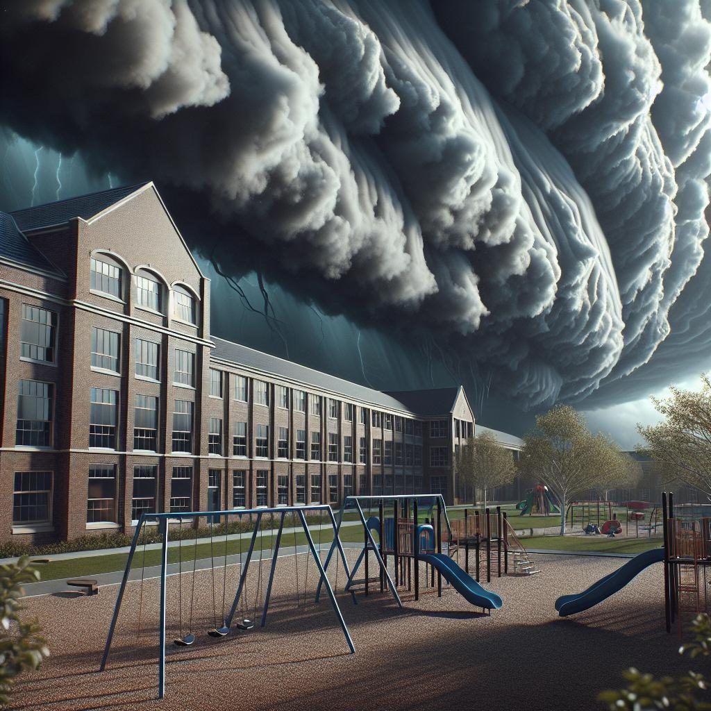 Storm approaching school building.
