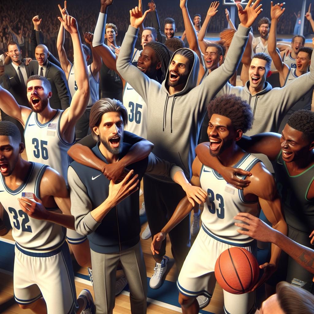 Basketball team celebrating victory.