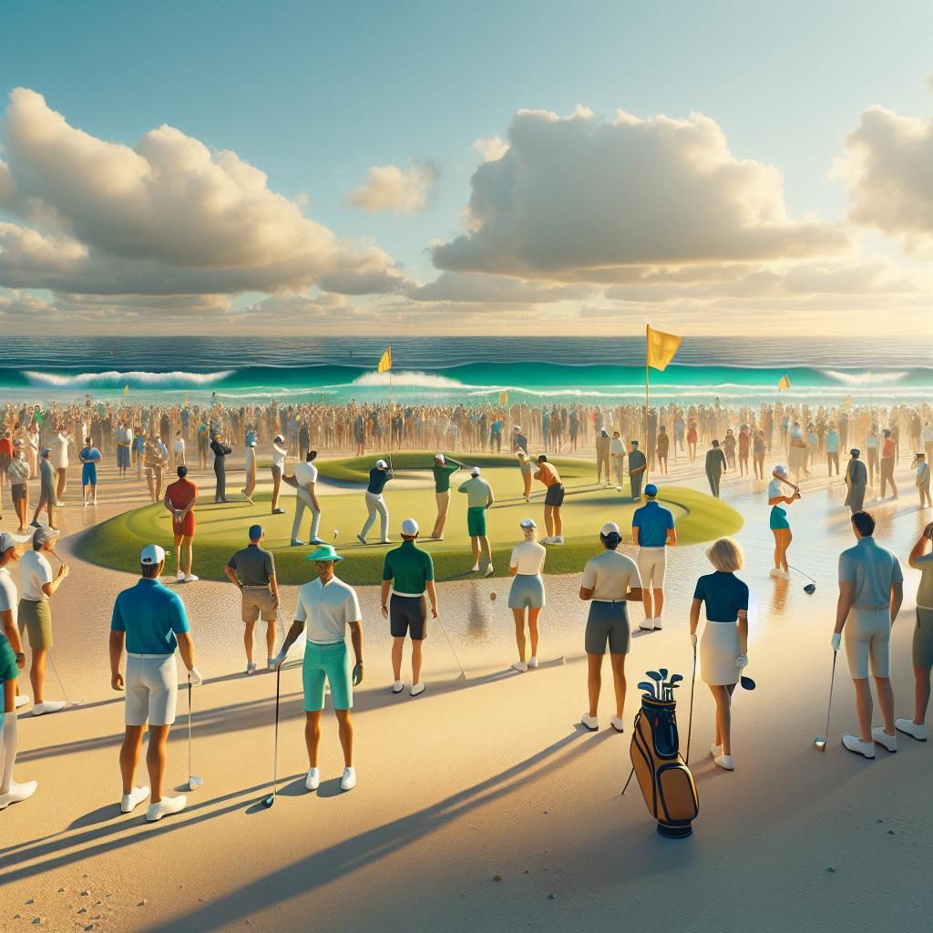 "Beach golf tournament scene"