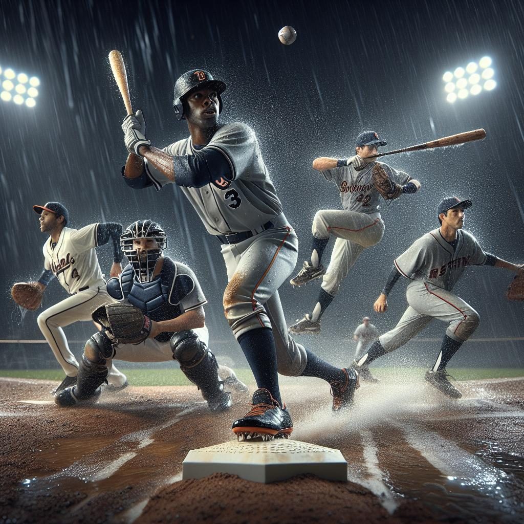 Baseball players in rain.