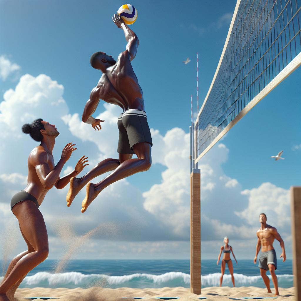 Beach volleyball action shot.