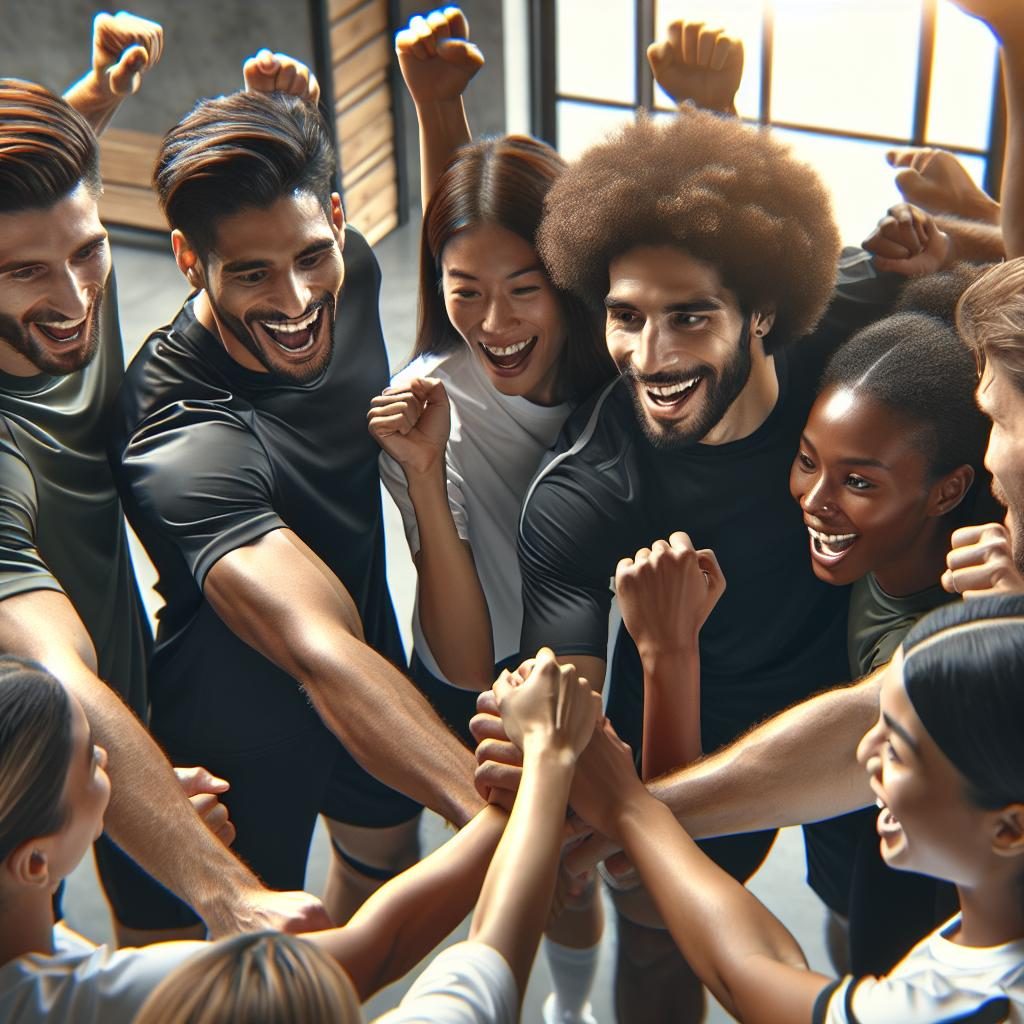 Celebratory team huddle image.