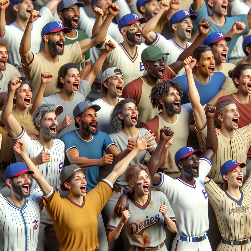 Baseball players celebrating victory.