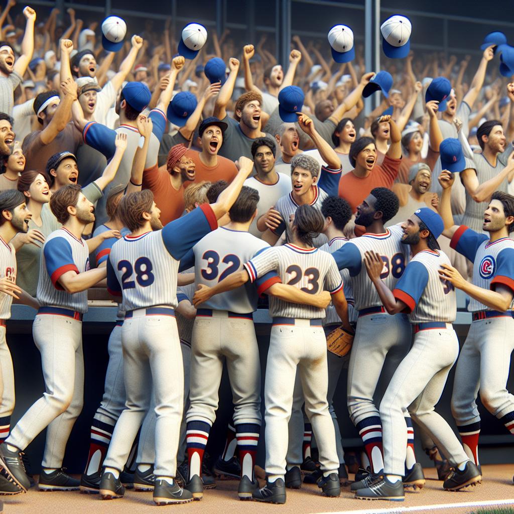 Baseball players celebrating victory.