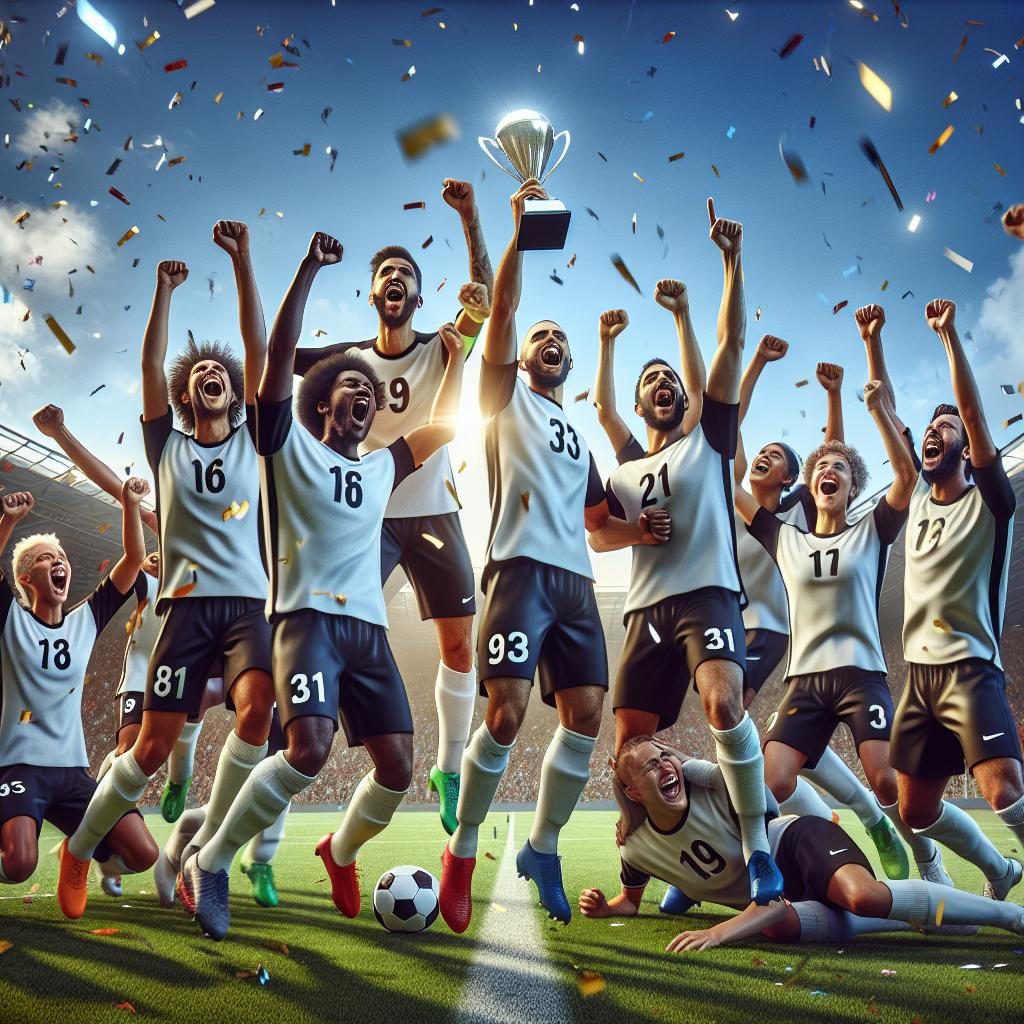 Soccer team celebrating victory.