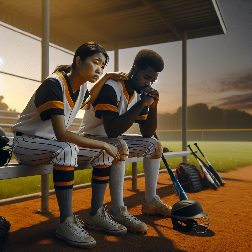 Dejected softball players console.