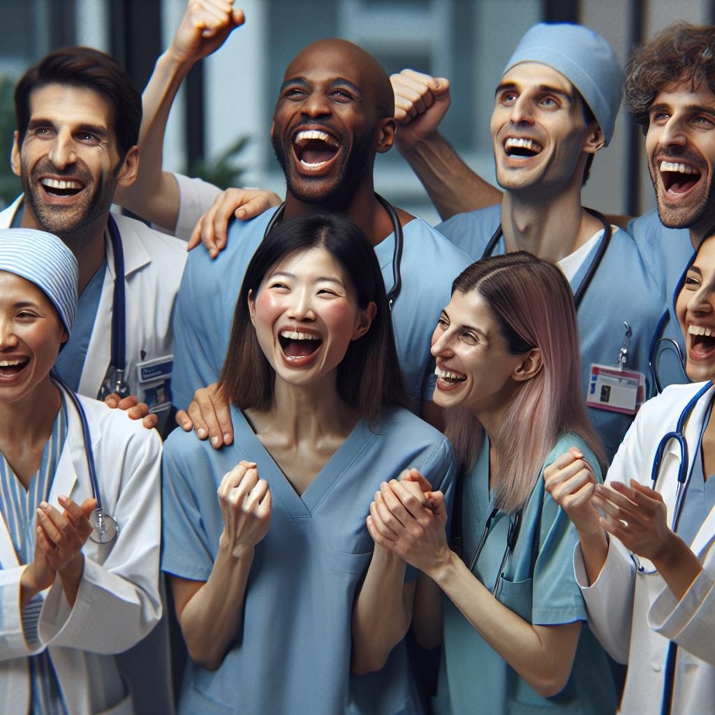 Medical staff celebrating victory.