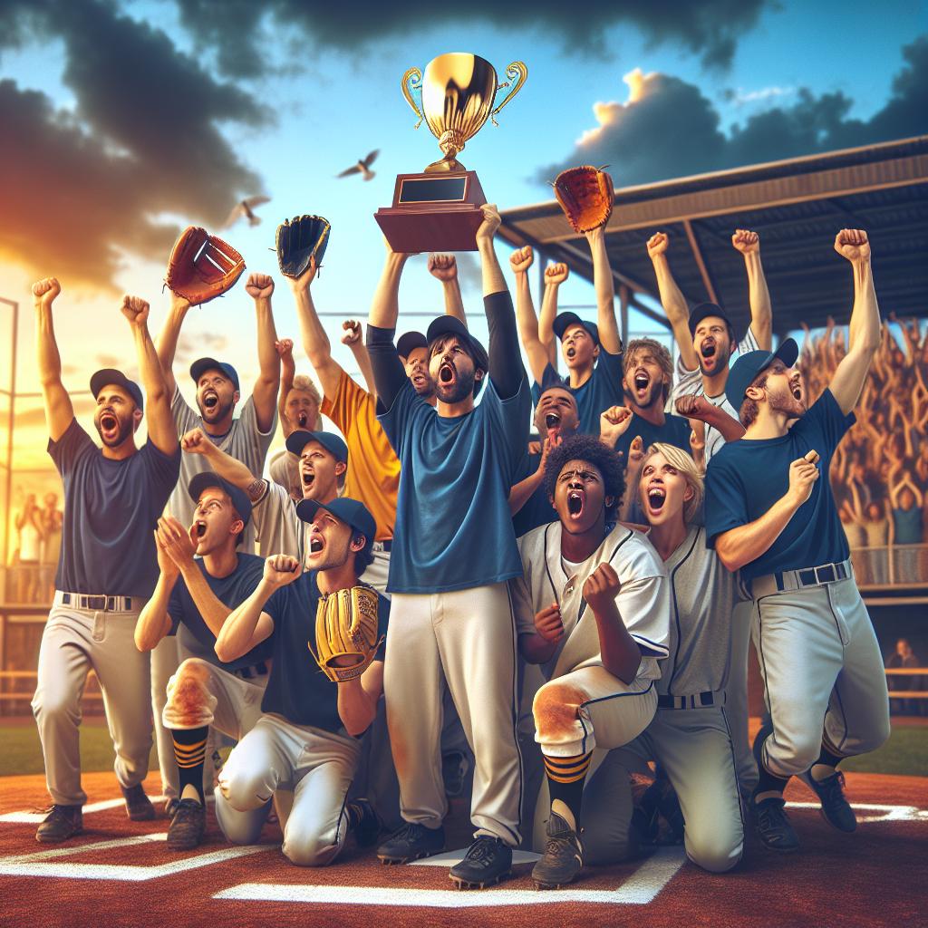 Baseball team celebrating victory.