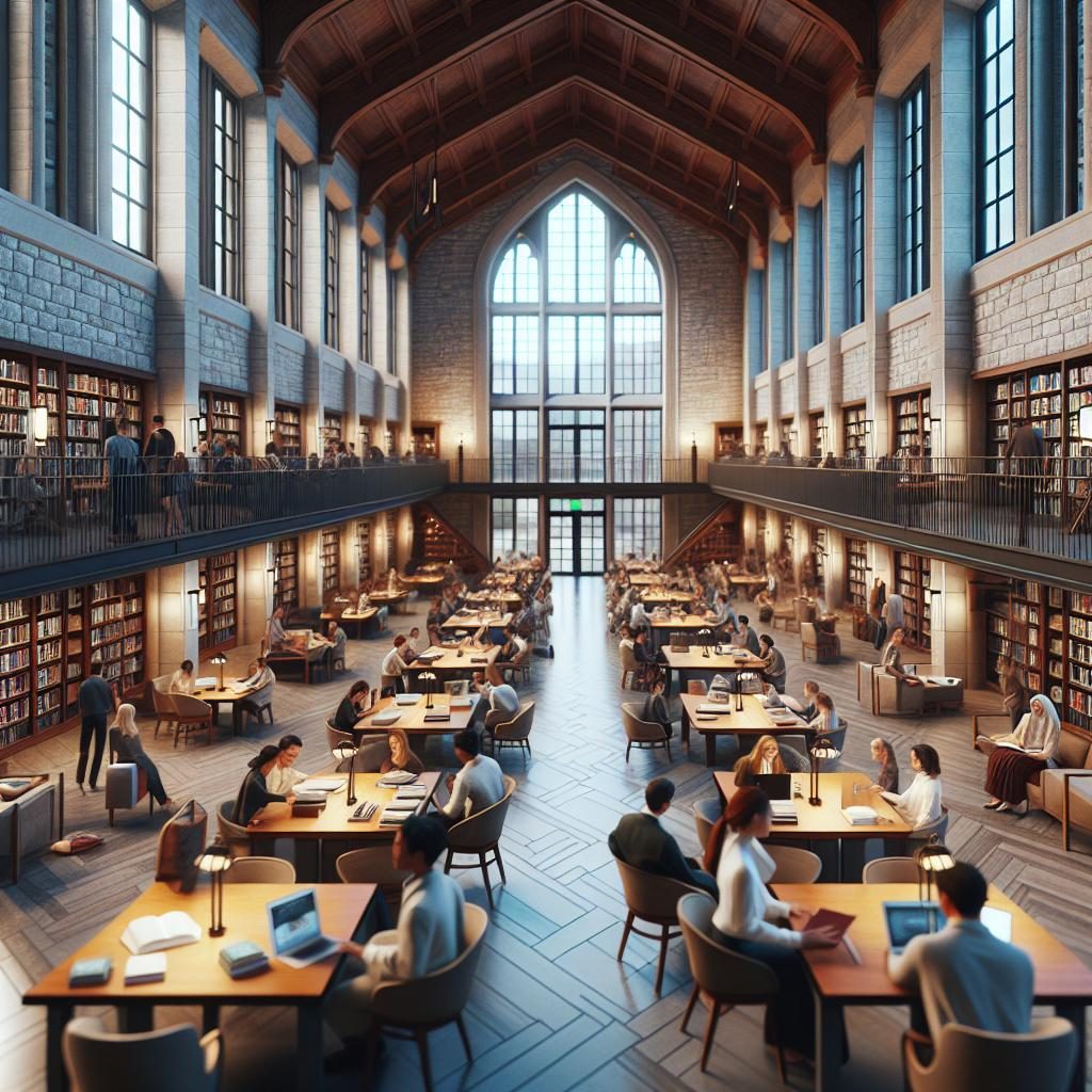 College campus library scene.