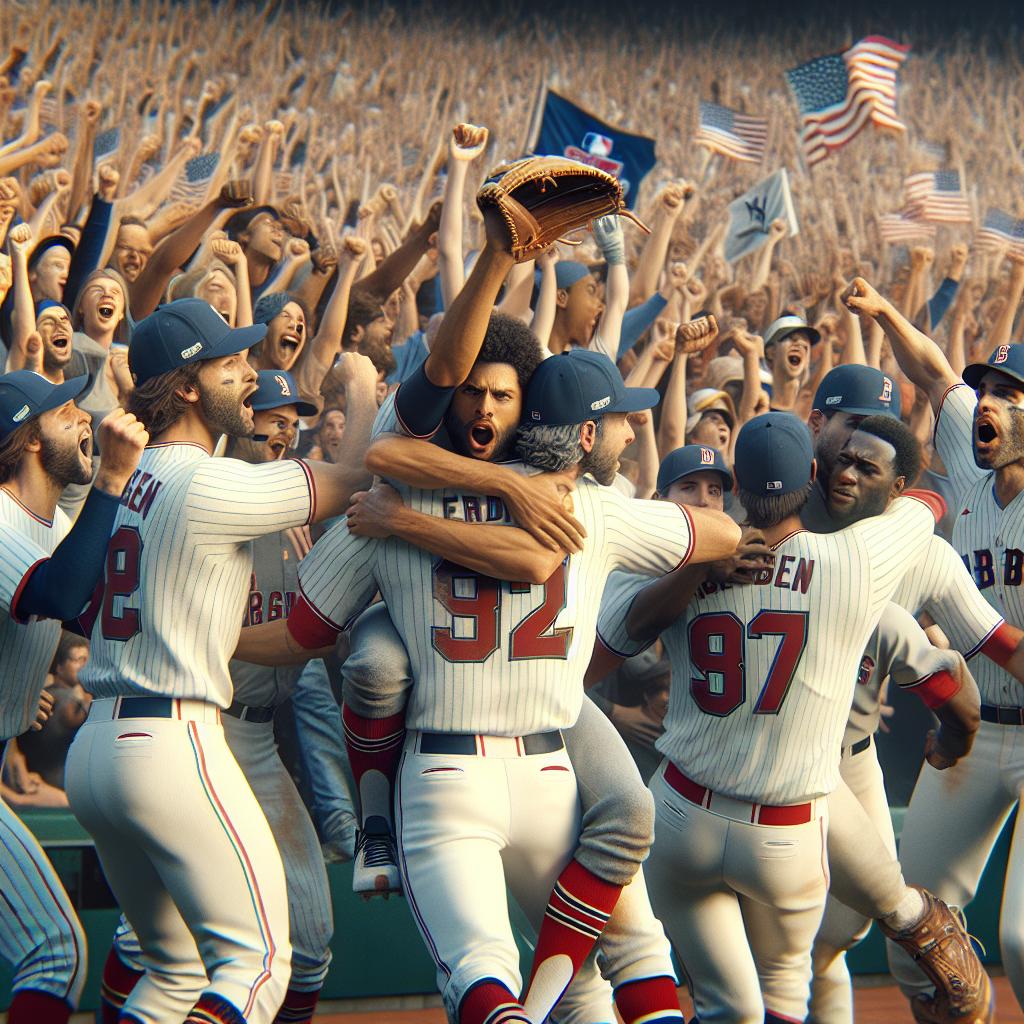 Baseball victory celebration image.
