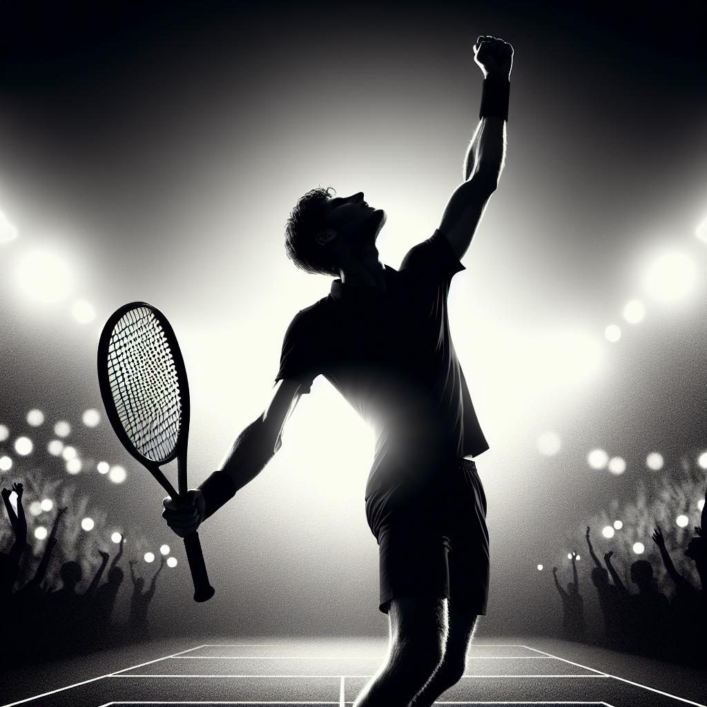 Men's tennis celebration silhouettes.