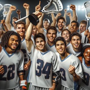 Celebratory lacrosse team portrait.