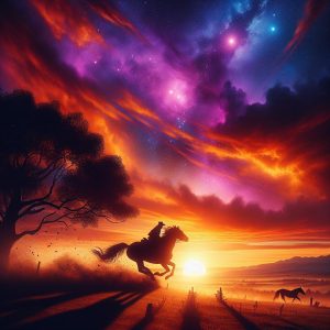Horseback riding at sunset.