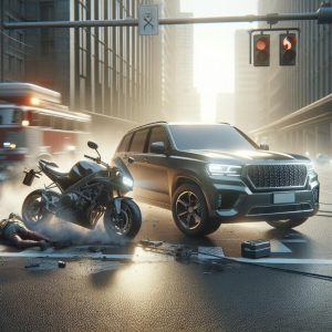 Motorcycle vs SUV crash.