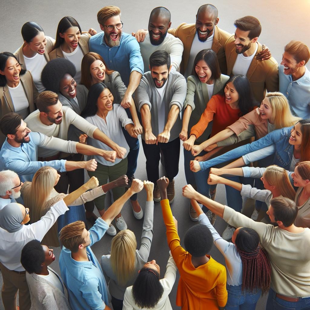 Celebratory team huddle image.