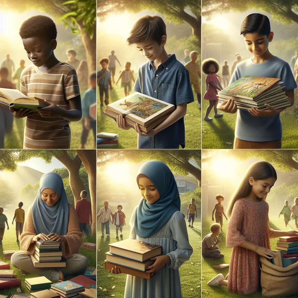 Children collecting books outdoors.