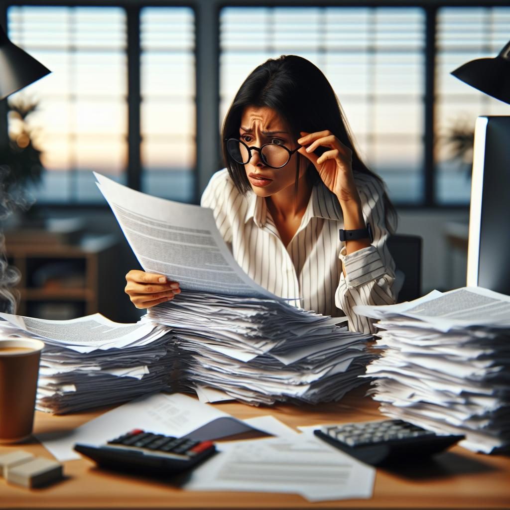 Stressed accountant reviewing documents.