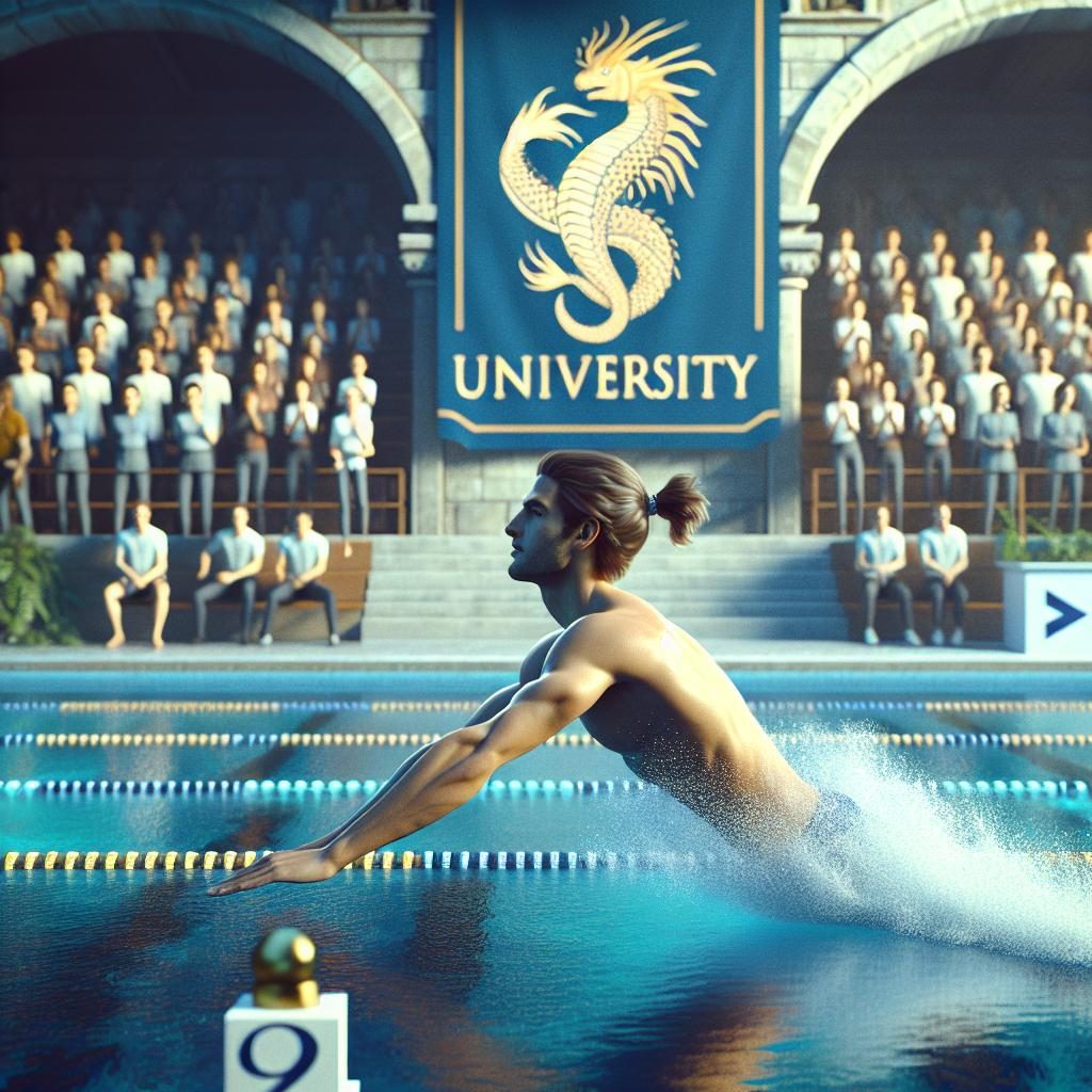 Swimmer with university banner.