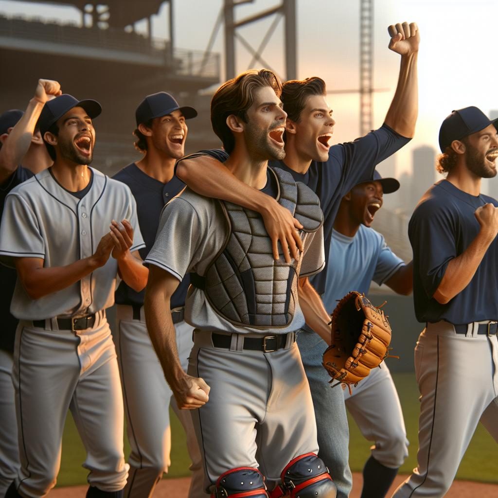 Baseball players celebrating victory.