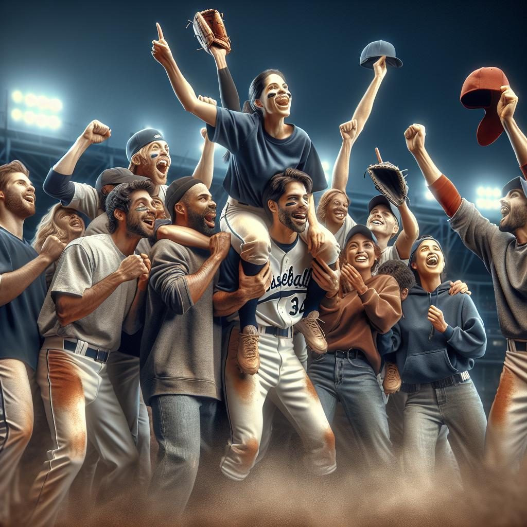 Baseball team celebrating victory.