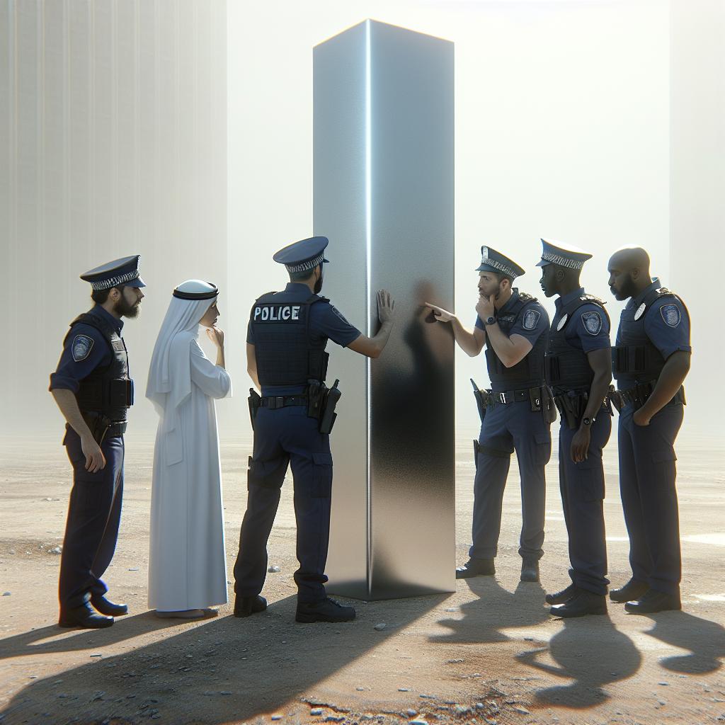 Police examining mysterious monolith.