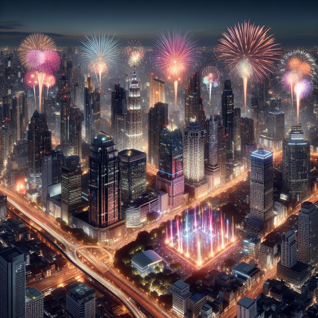 Fireworks over cityscape.