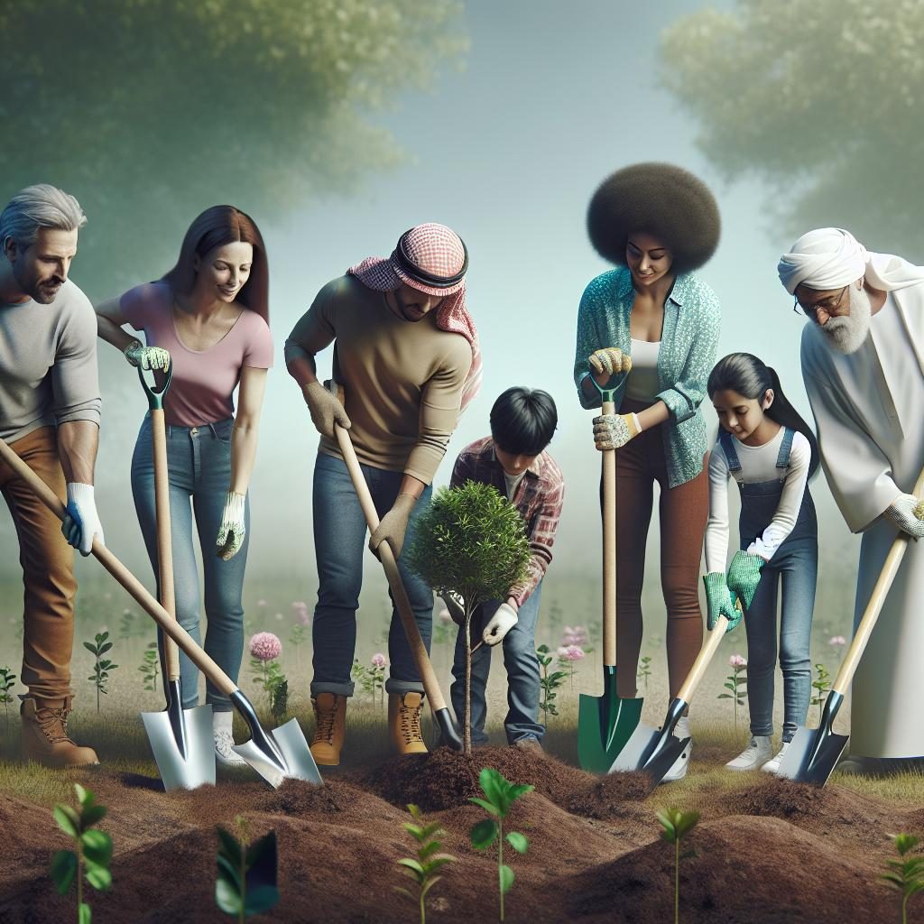 Diverse group planting trees.