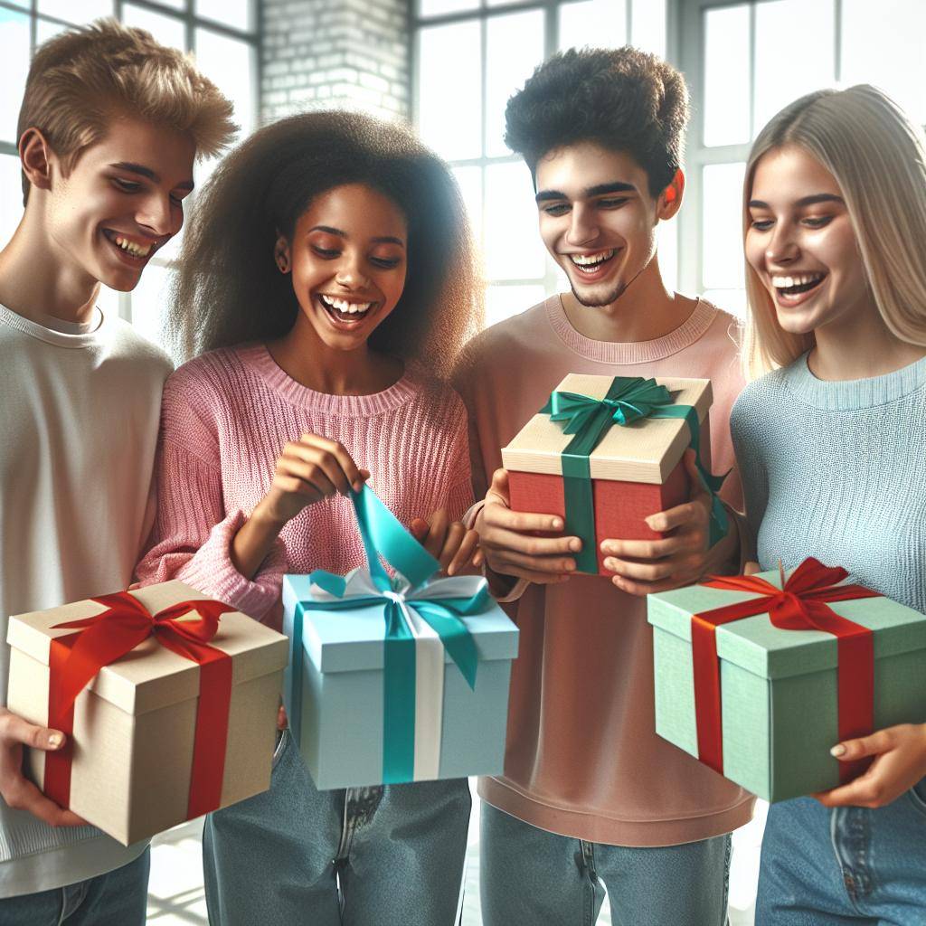 Happy students receiving gifts.