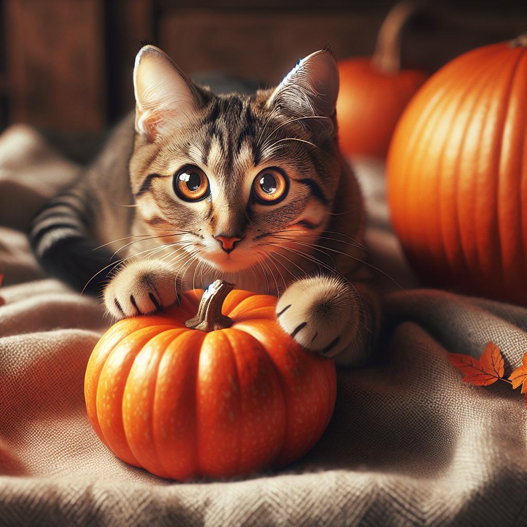 Cat playing with pumpkin