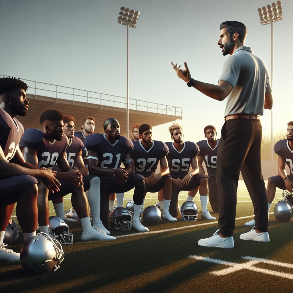 Coach addressing football team.