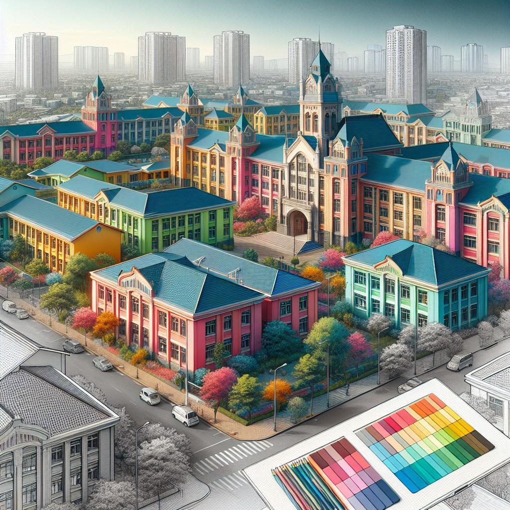 "Colorful school buildings exterior"