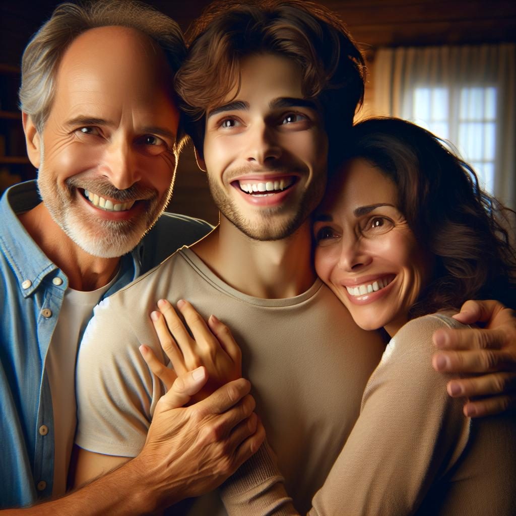 Family embracing relieved teenager.