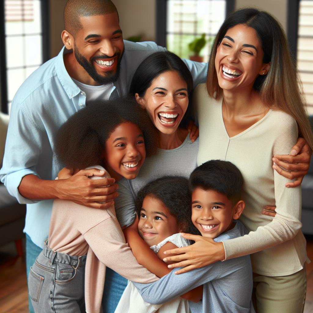 Reunited family embrace home