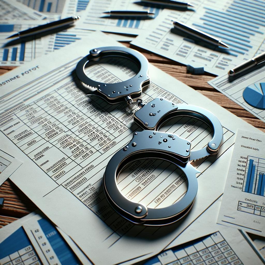 Handcuffs and financial documents.