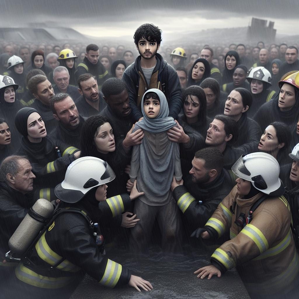 Brave boy with rescuers