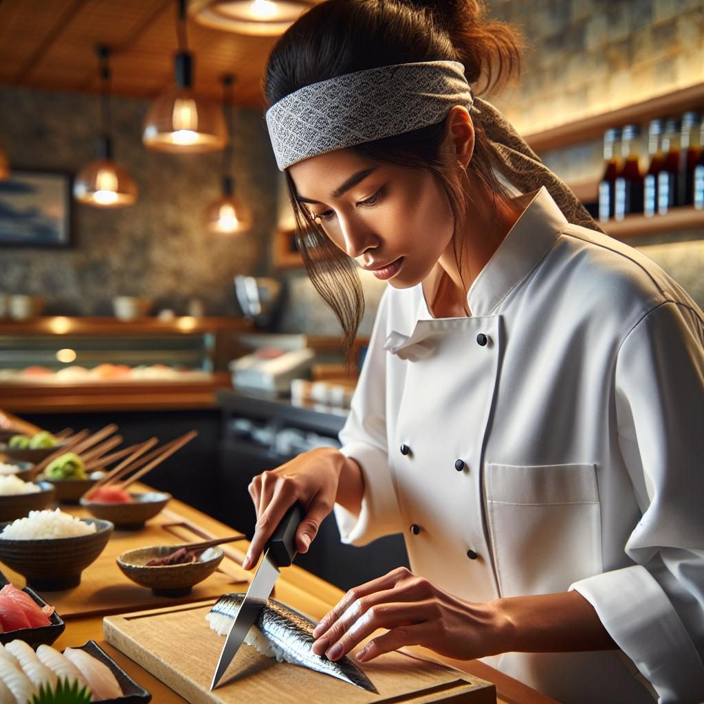 Sushi chef slicing fish.