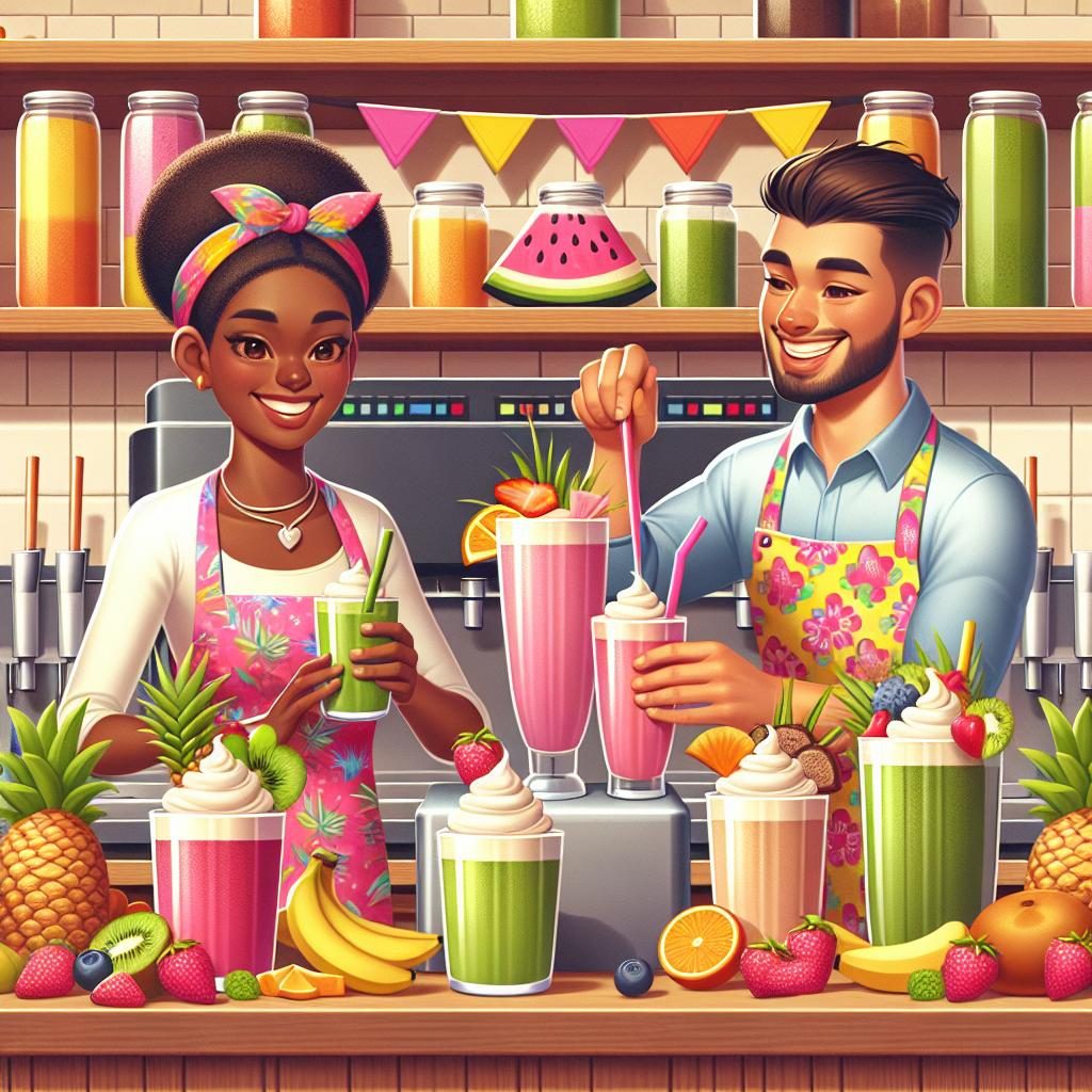 Colorful smoothie bar scene.