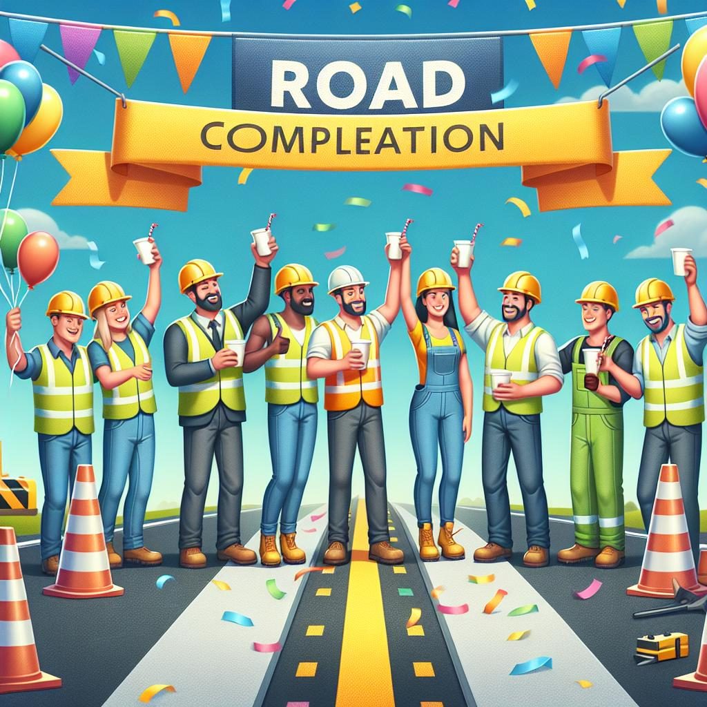 Road construction celebration scene.