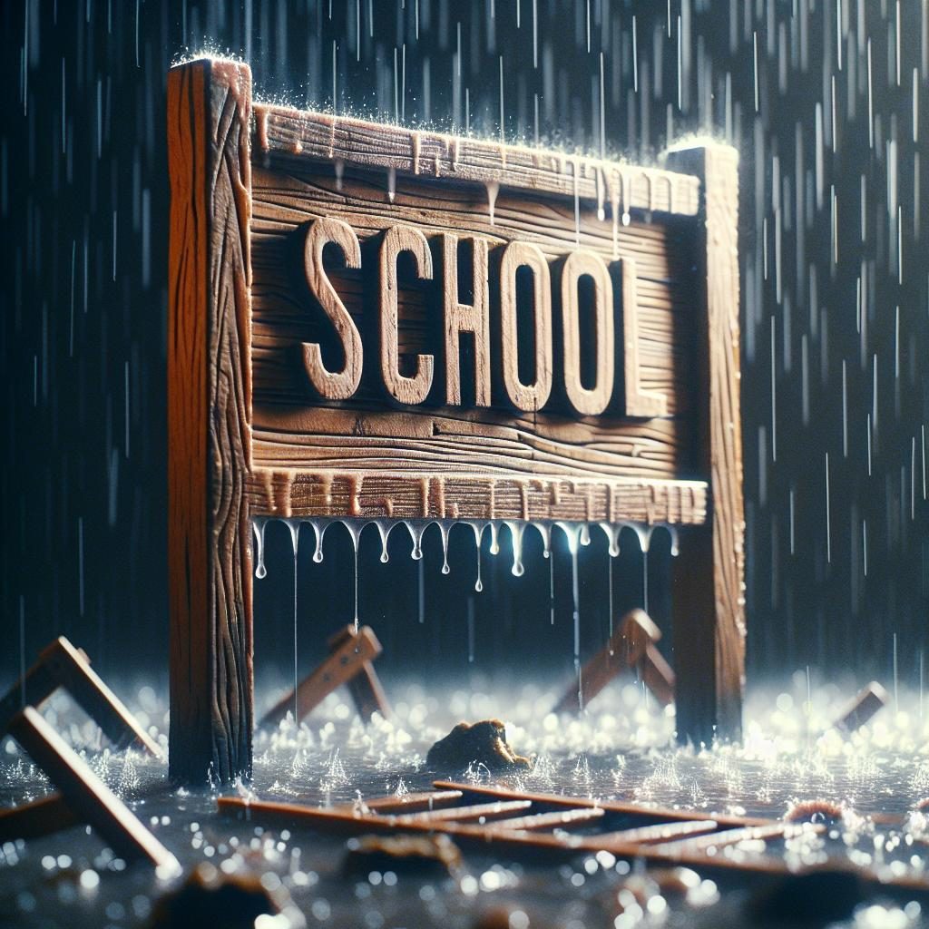 School Sign in Rain