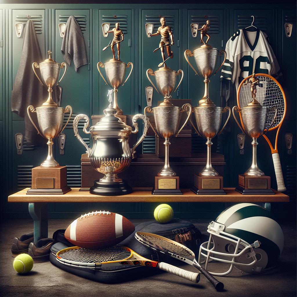 Tennis trophies and rackets