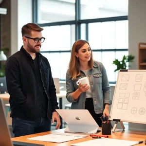 A UX designer and a digital marketer working together in a modern office space.