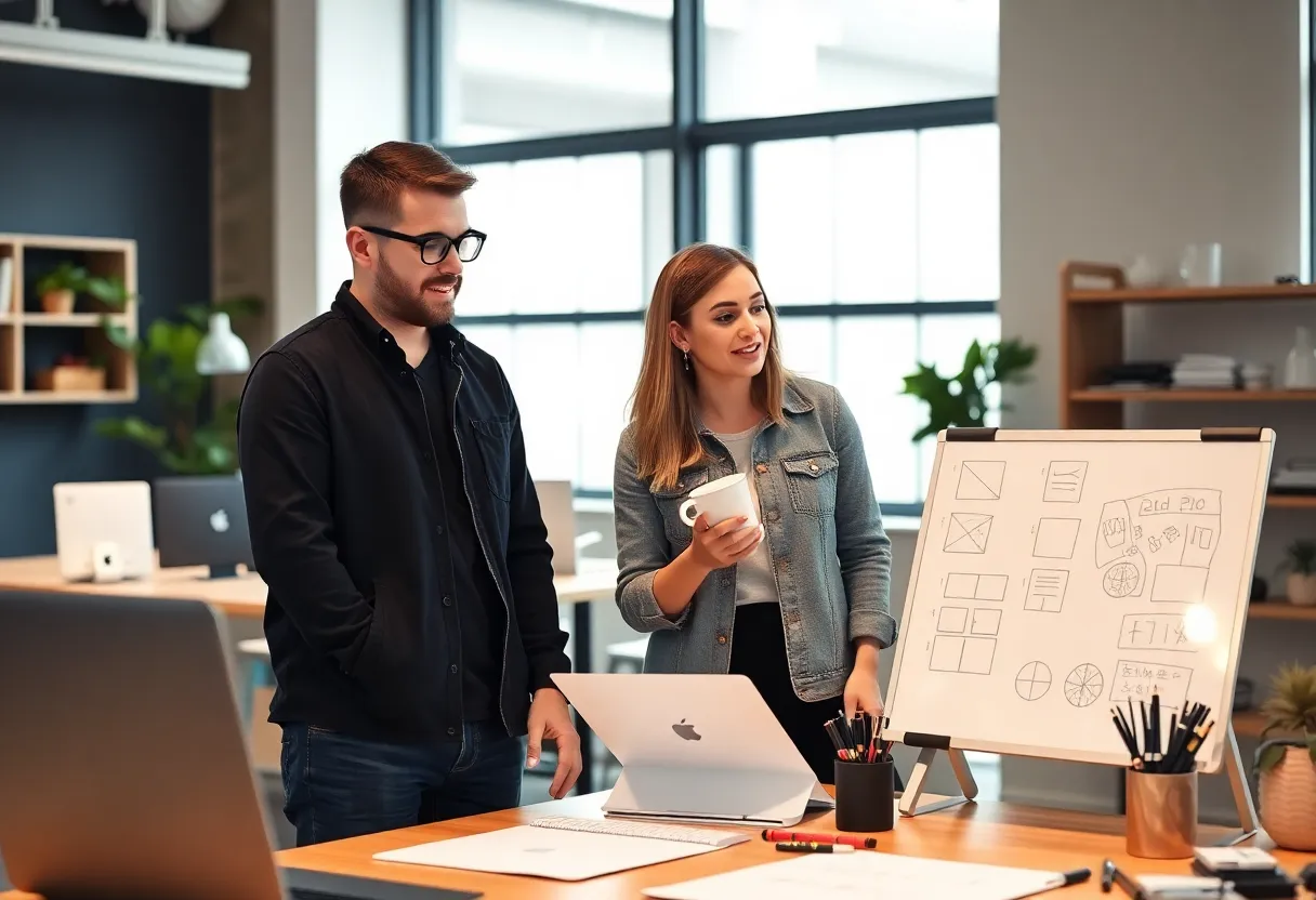 A UX designer and a digital marketer working together in a modern office space.