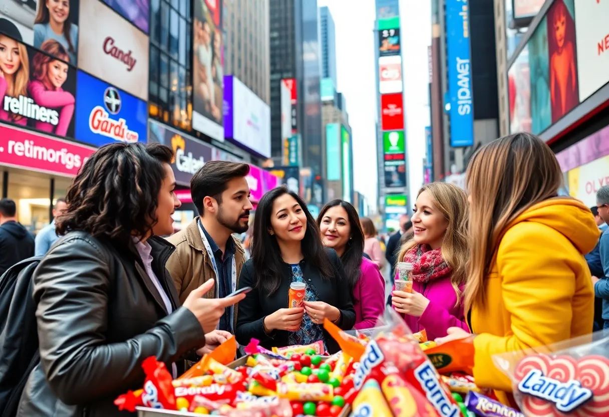 Discussion on influencer marketing strategies in a colorful candy-themed setting