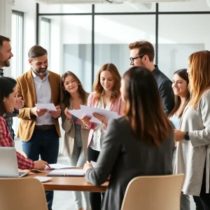 A diverse marketing team collaborating in a bright office.