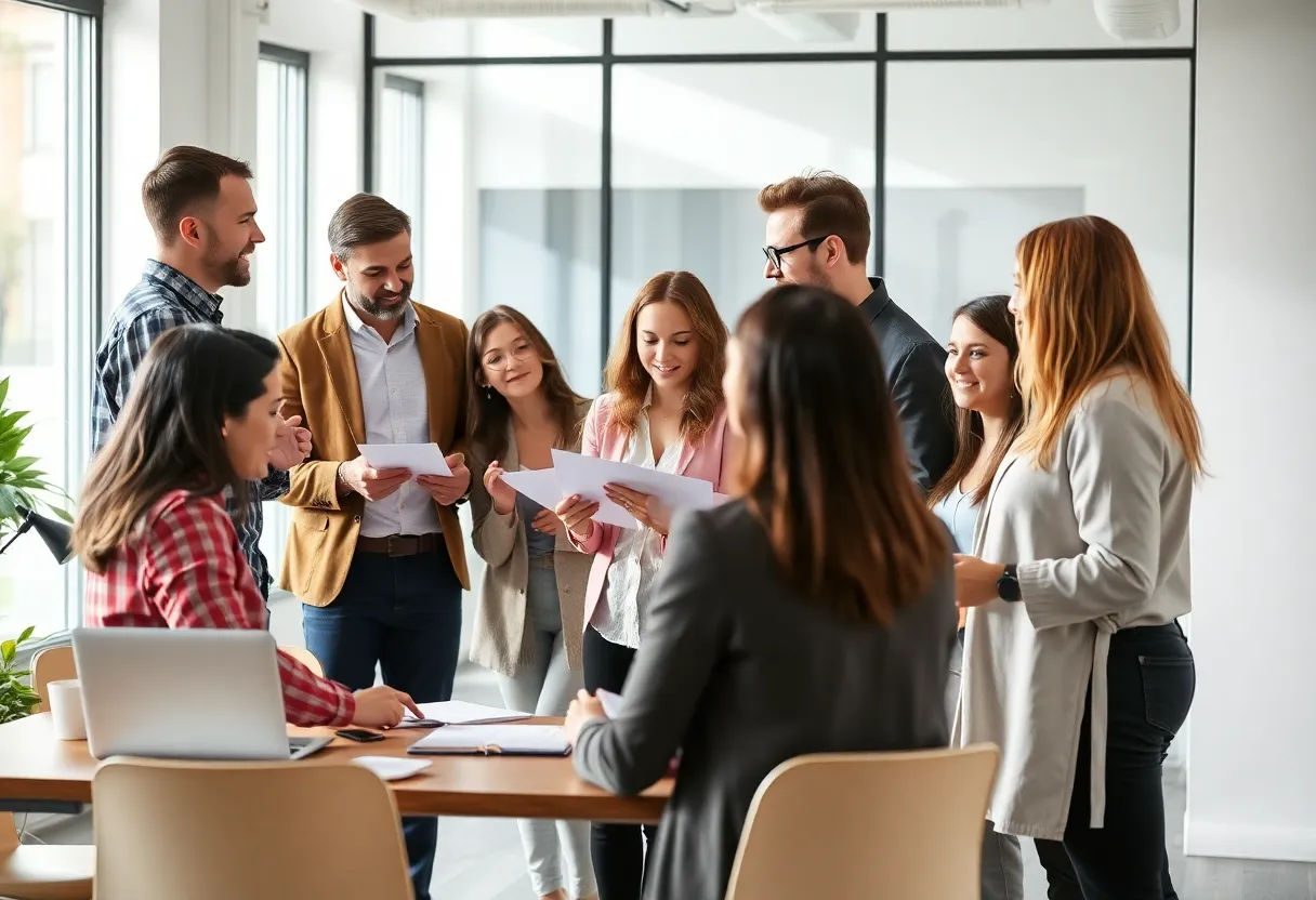 A diverse marketing team collaborating in a bright office.