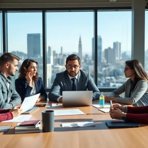 A marketing team in an office discussing strategies by a window with the San Francisco skyline.