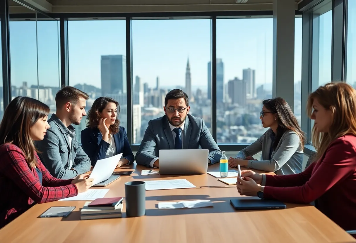 A marketing team in an office discussing strategies by a window with the San Francisco skyline.