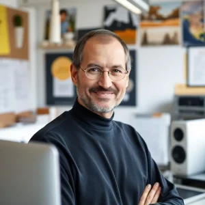 Steve Jobs in a creative workspace surrounded by Apple products.