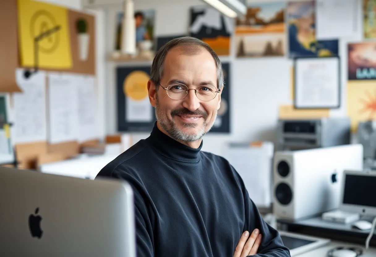 Steve Jobs in a creative workspace surrounded by Apple products.